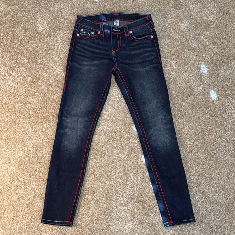 True Religion rare Halle stretch jeans legging red stitching 28
